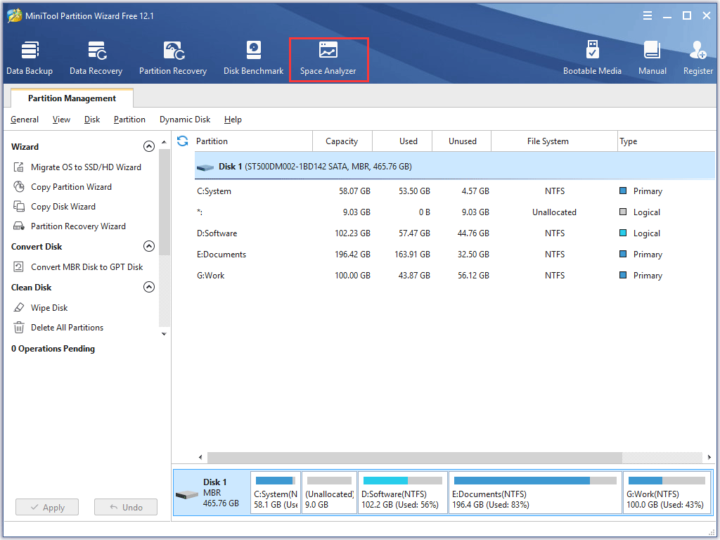 activer la fonction Space Analyzer