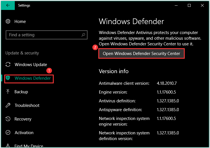 cliquez sur Ouvrir le centre de sécurité Windows Defender