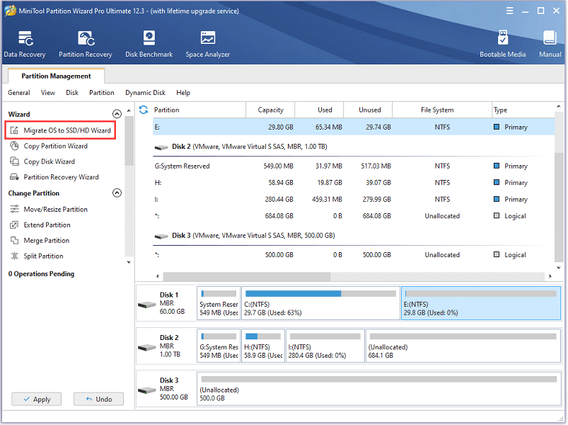 cliquez sur Migrer le système d'exploitation vers l'assistant SSD / HD