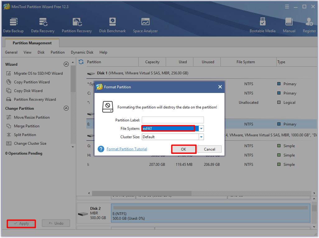 configurer les paramètres de la partition et exécuter l'opération