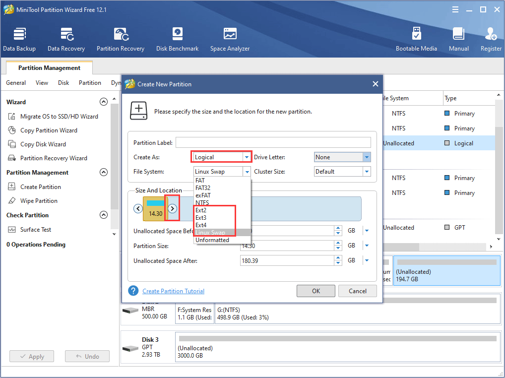 créer un swap Linux ou une partition Ext4