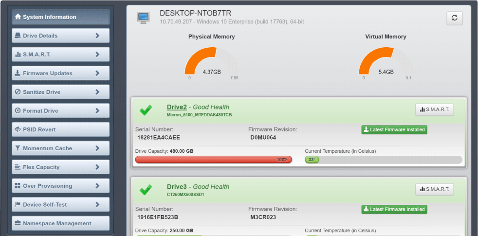 Informations sur le système Crucial Storage Executive