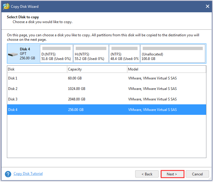 sélectionnez le disque source