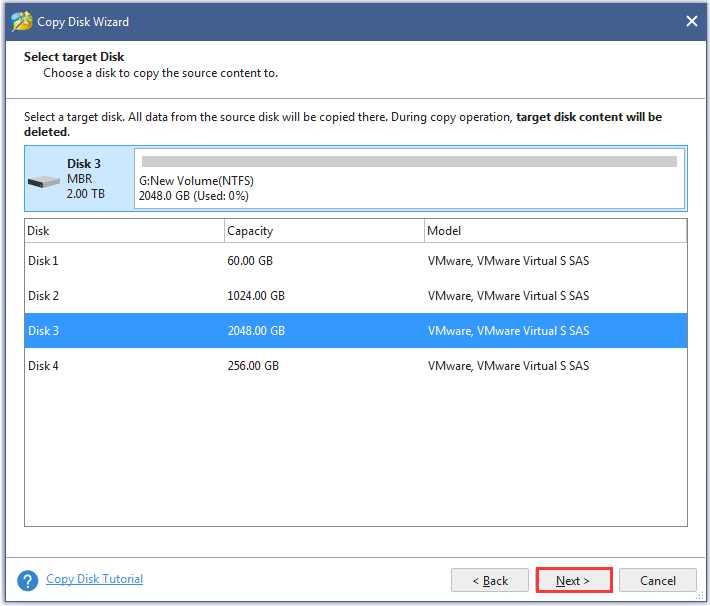 sélectionnez le disque cible