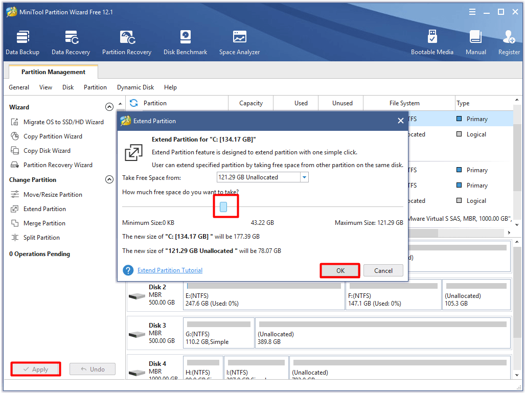 étendre la partition puis exécuter l'opération