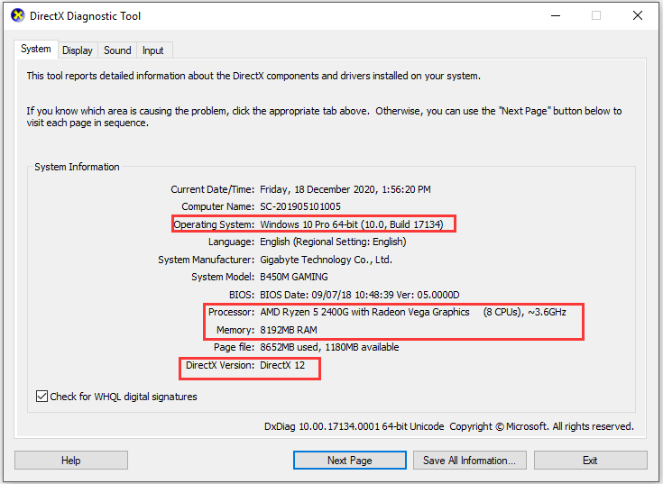 les informations système dans la fenêtre de l'outil de diagnostic DirectX