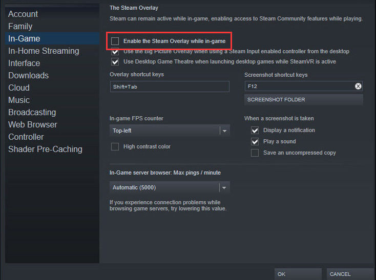 désélectionner Activer la superposition Steam pendant le jeu
