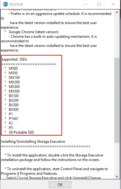 Liste de prise en charge des disques SSD de Crucial Storage Executive