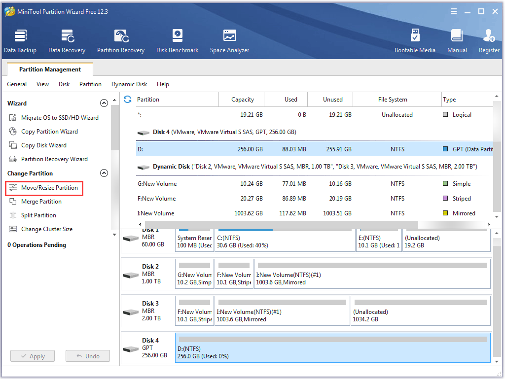 choisissez la partition Déplacer / redimensionner