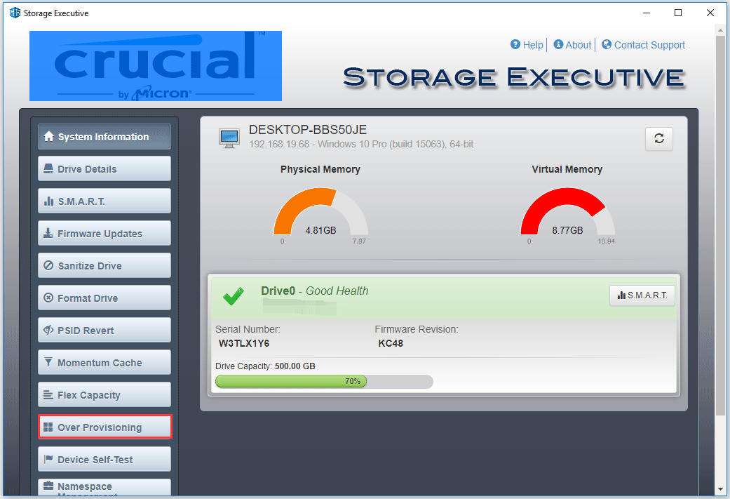 choisissez Over Provisioning sur Crucial Storage Executive