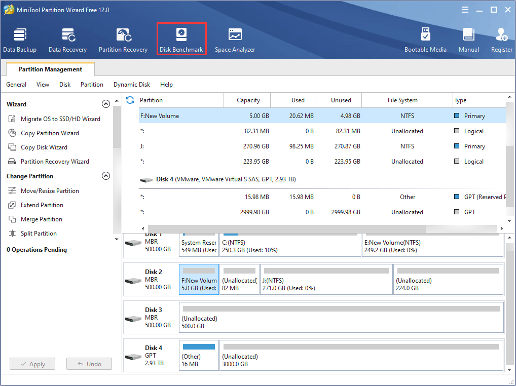 lancez MiniTool Partition Wizard et cliquez sur Disk Benchmark dans la barre d'outils