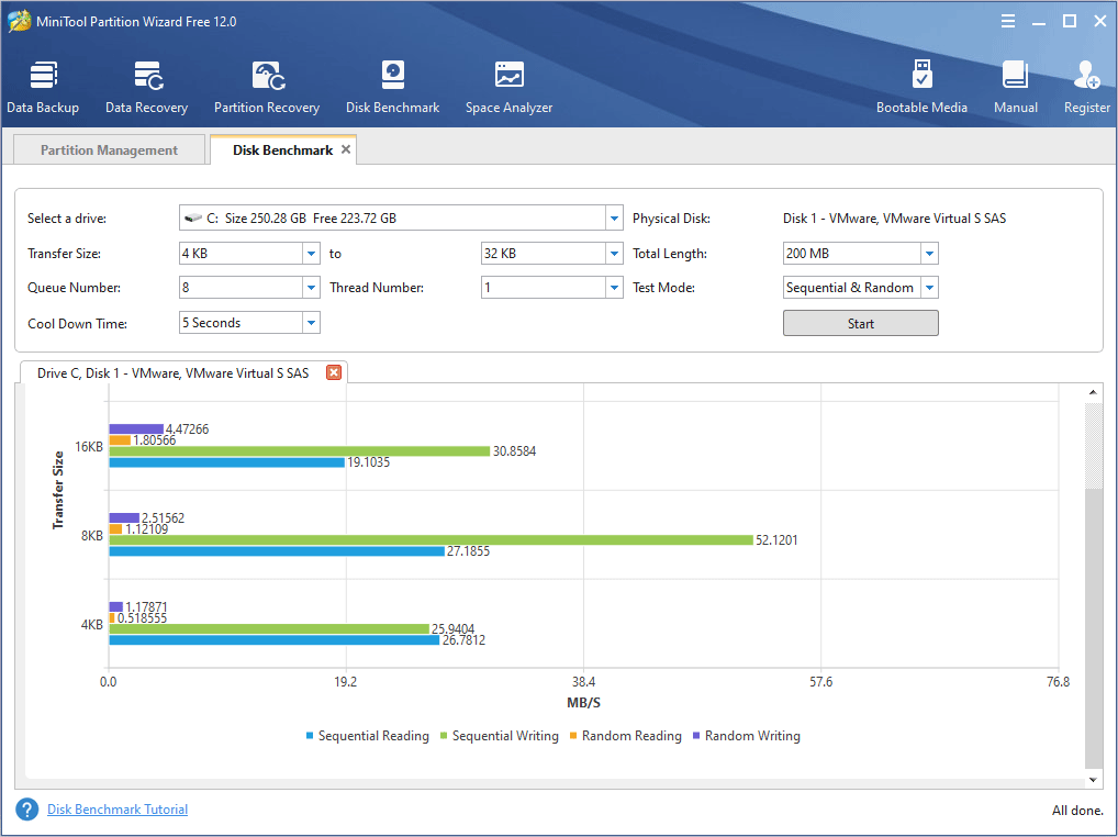 attendez quelques secondes pour obtenir un résultat de test de performances du disque