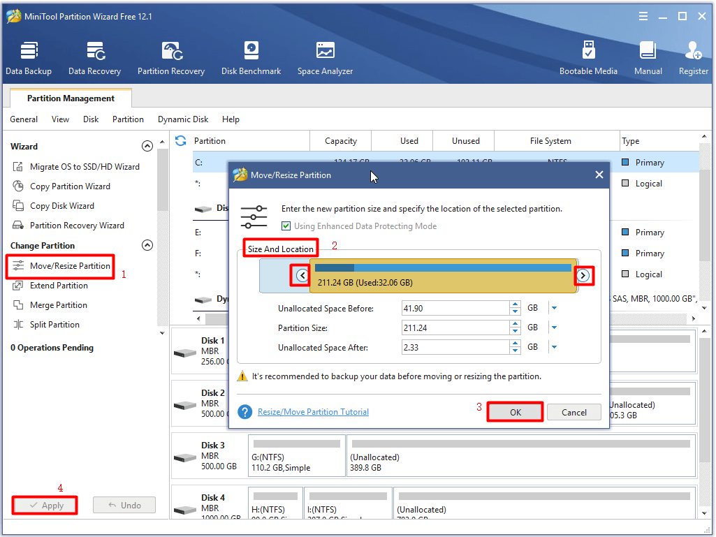 effectuer l'opération de déplacement ou de redimensionnement de la partition