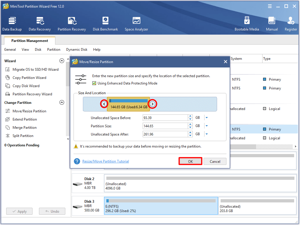 déplacez la barre de poignée pour déplacer ou redimensionner la partition