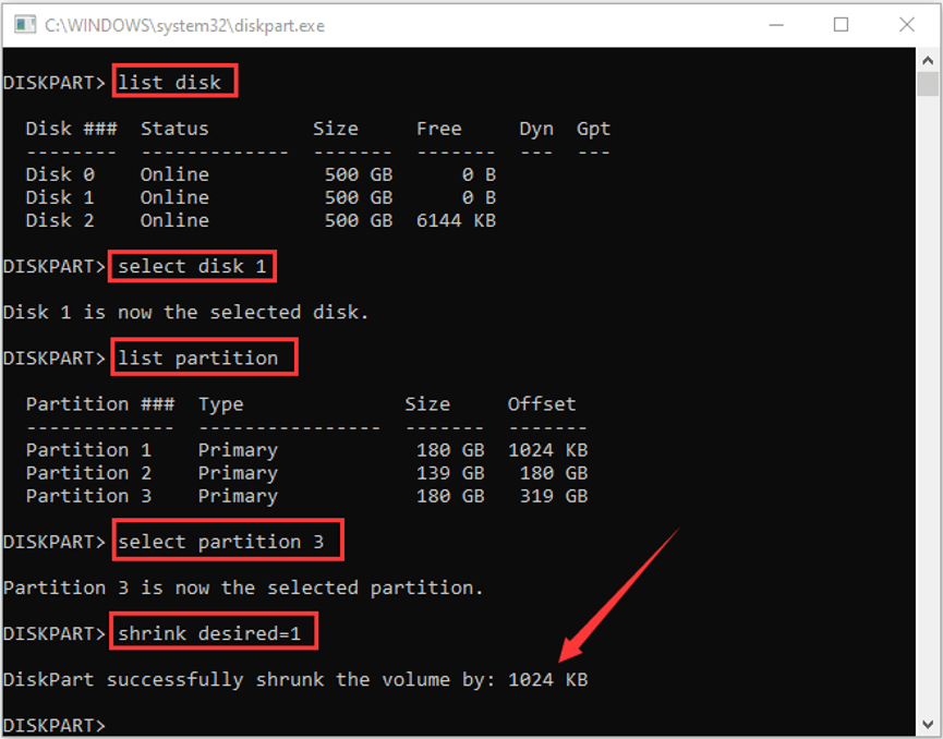 réduire la partition dans l'invite de commande