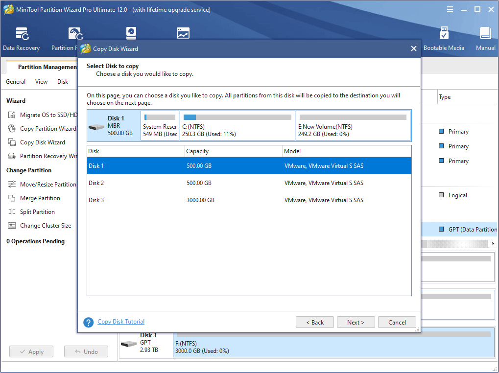 sélectionner le disque à copier