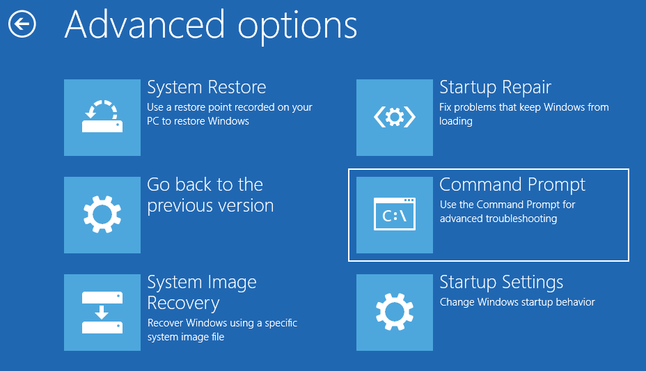 cliquez sur Invite de commandes dans les options avancées