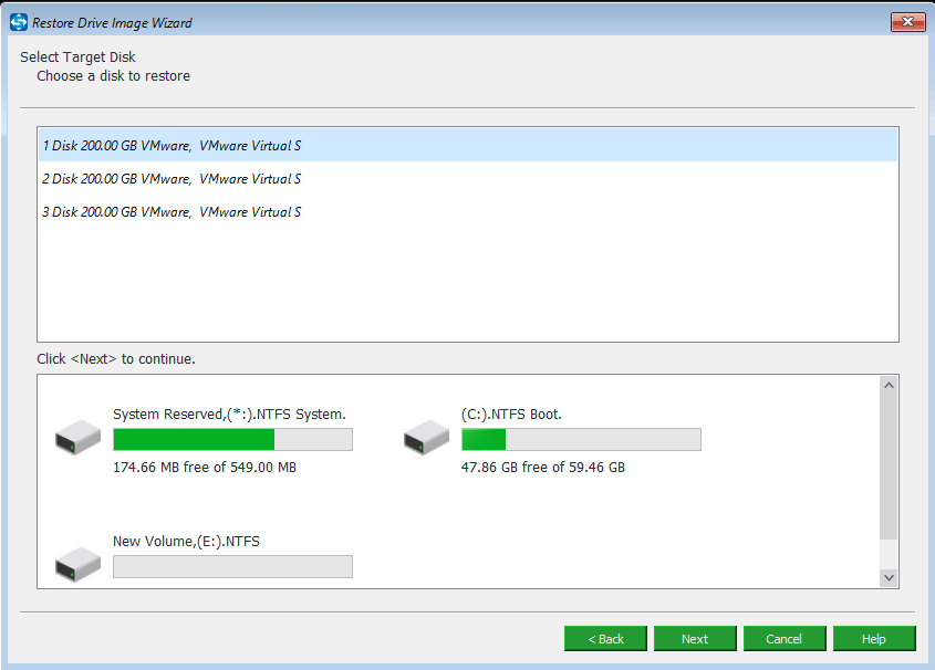 choisissez un disque cible et cliquez sur Suivant pour continuer