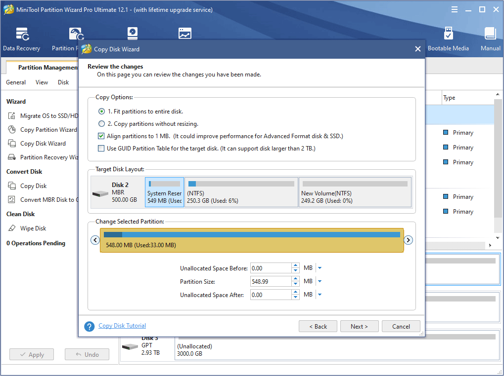 choisissez les options de copie et ajustez la disposition du disque