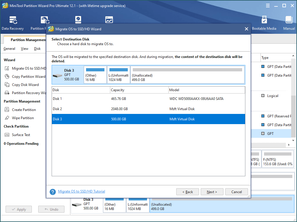 Sélectionnez le disque de destination