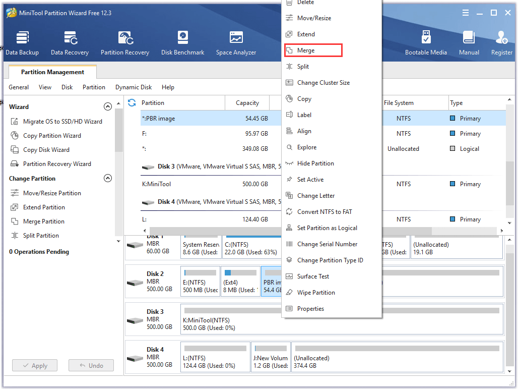 sélectionnez Fusionner dans l'interface MiniTool