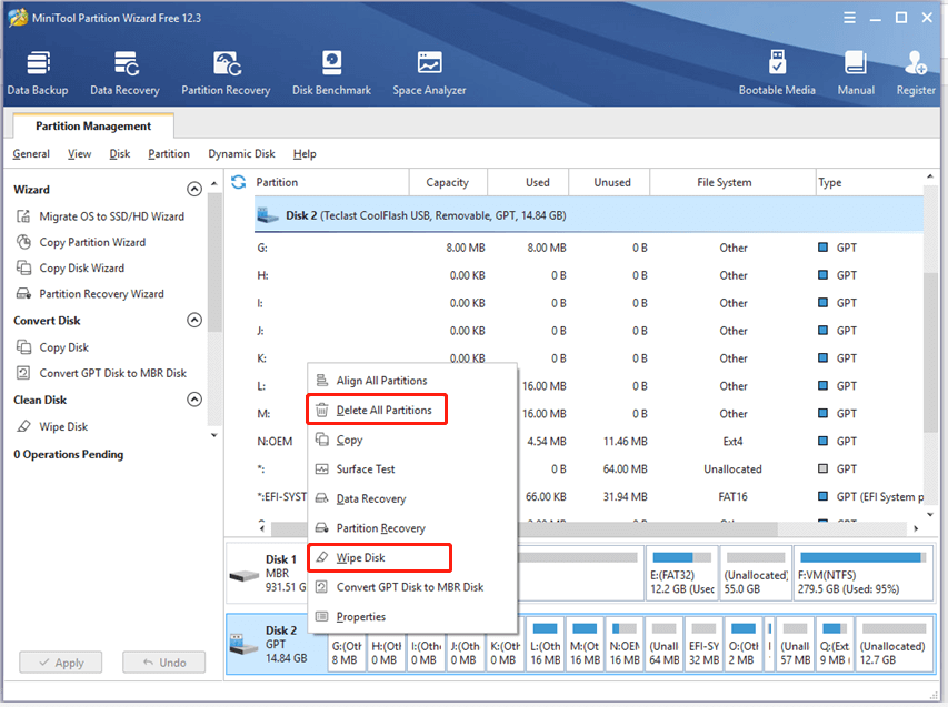 Supprimer toutes les partitions ou effacer le disque