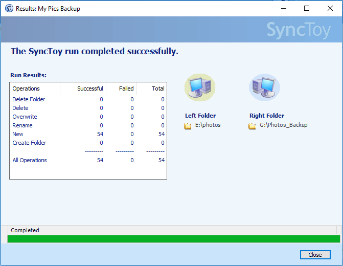 L'exécution de Windows 10 SyncToy s'est terminée avec succès