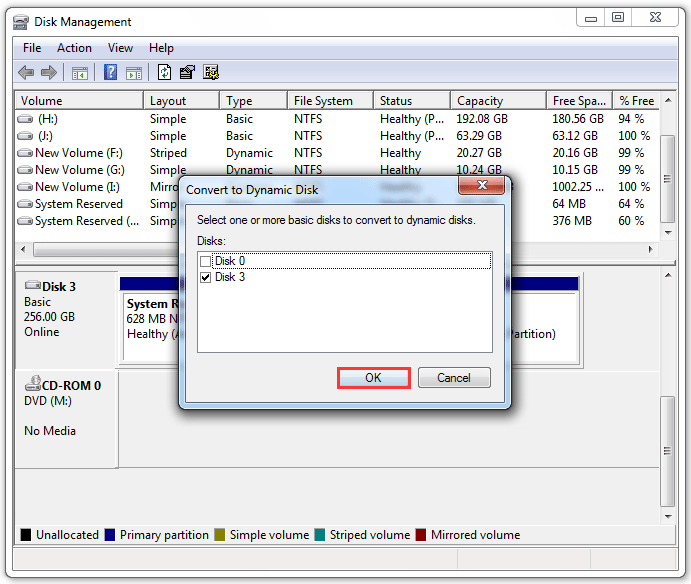 sélectionnez le disque de base et cliquez sur le bouton OK