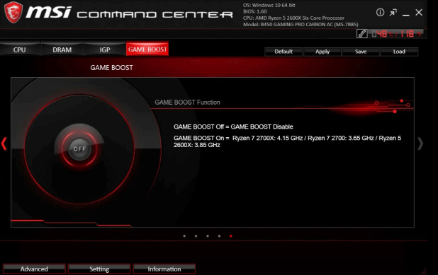 Onglet Boost de jeu du centre de commande MSI