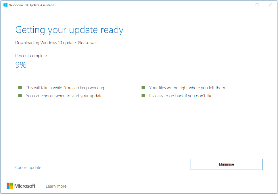 L'assistant de mise à jour de Windows 10 commencera à télécharger les fichiers