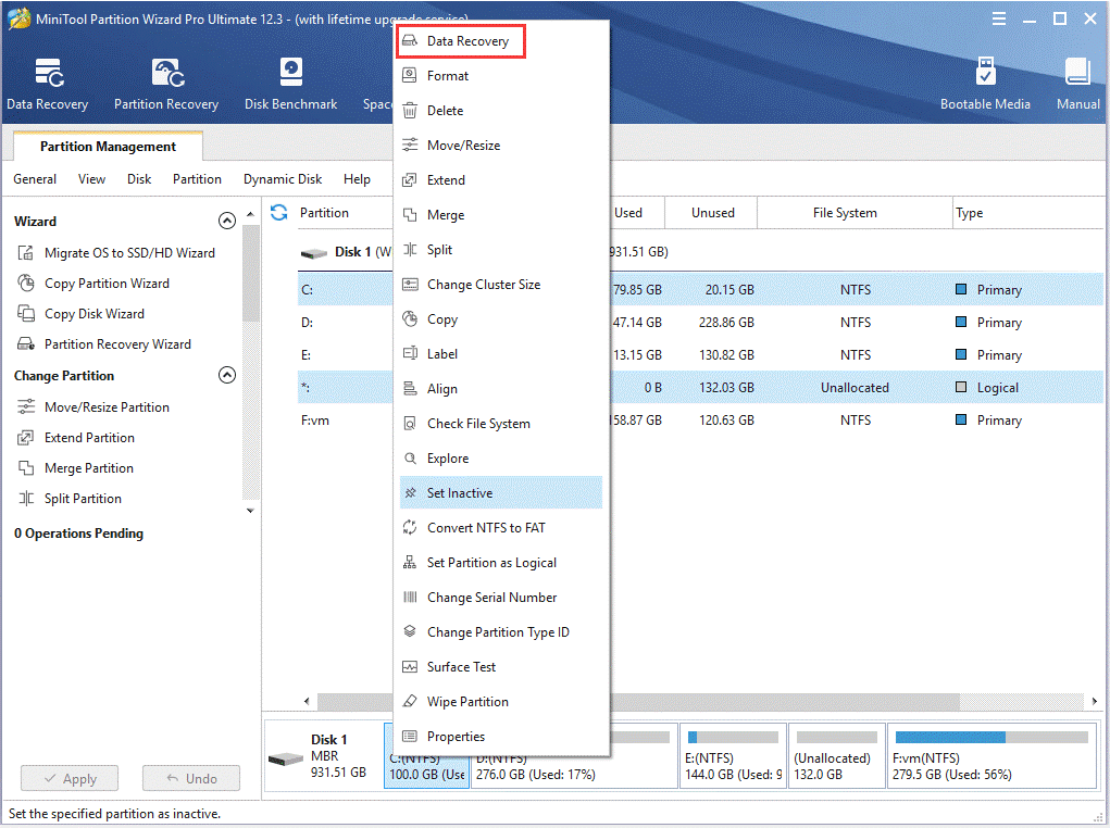 cliquez sur récupération de données sur MiniTool Partition Wizard