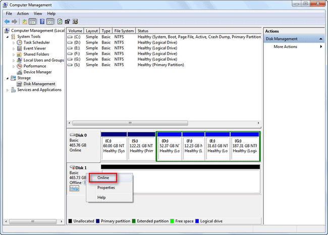 mettre le disque en ligne dans la gestion des disques