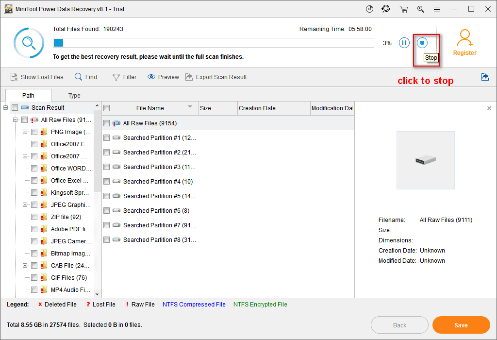 cliquez pour arrêter si nécessaire