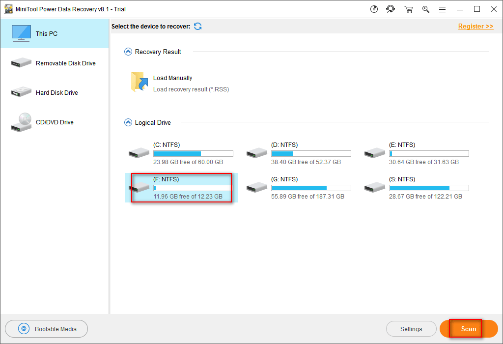 sélectionner le disque ou la partition