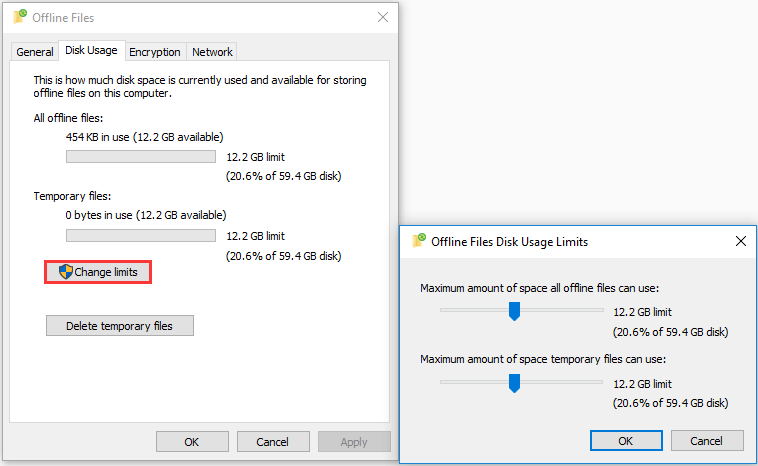 utilisation du disque des fichiers hors ligne