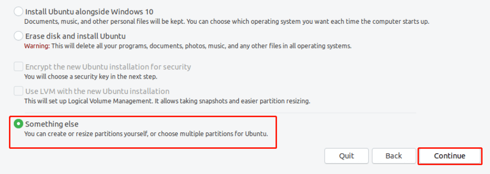 sélectionnez autre chose dans le type d'installation Linux