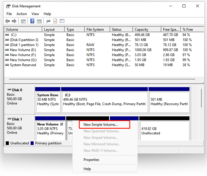 sélectionnez Nouveau volume simple