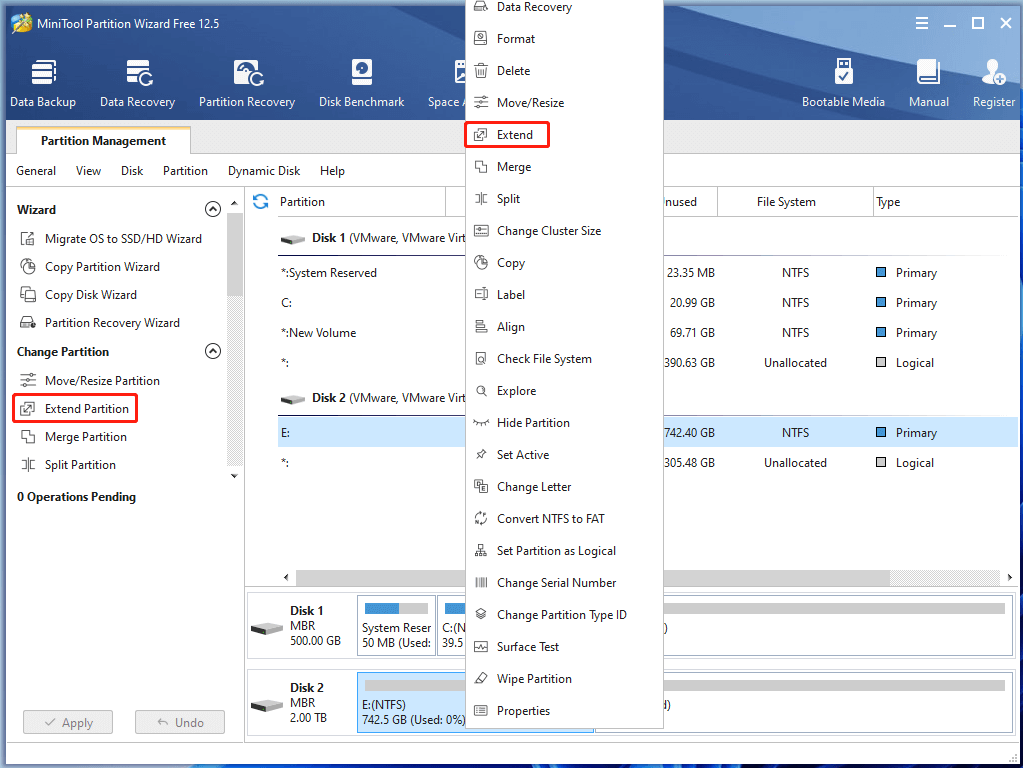 cliquez sur étendre la partition