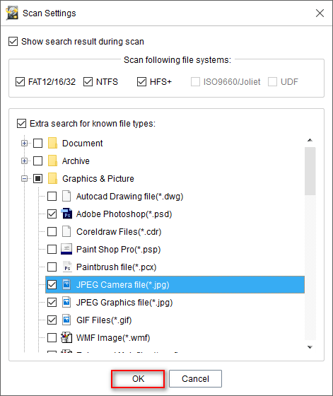 Recherche supplémentaire pour les types de fichiers connus