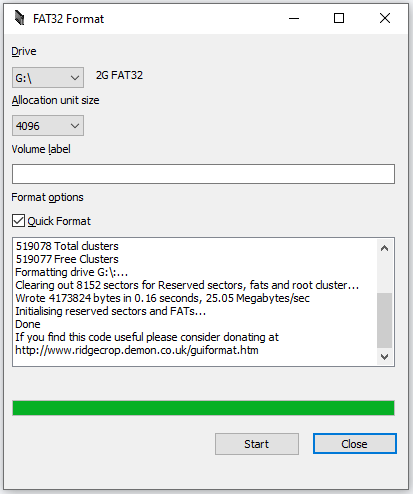 formater le lecteur G avec le format guiformat.exe/FAT32