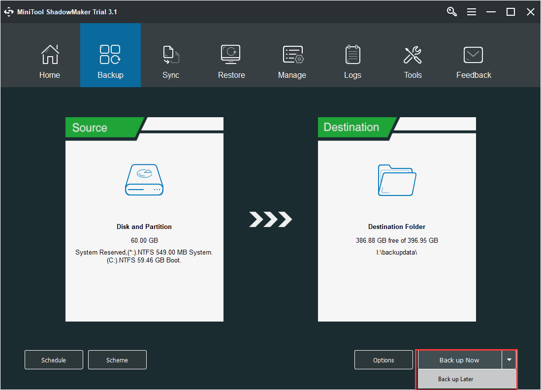 cliquez sur Sauvegarder maintenant pour démarrer le processus de sauvegarde