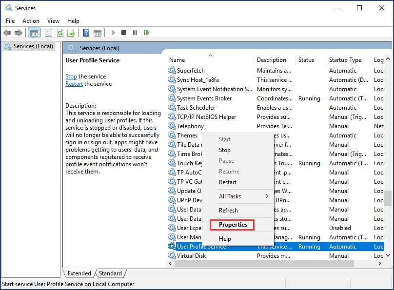 choisissez le service de profil utilisateur et choisissez Propriétés dans le menu contextuel