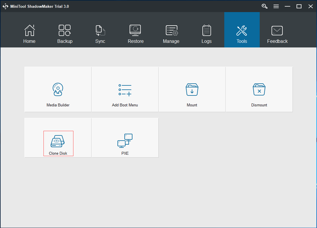 choisissez la fonctionnalité de clonage de disque pour continuer