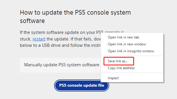 télécharger le fichier de mise à jour de la console PS5