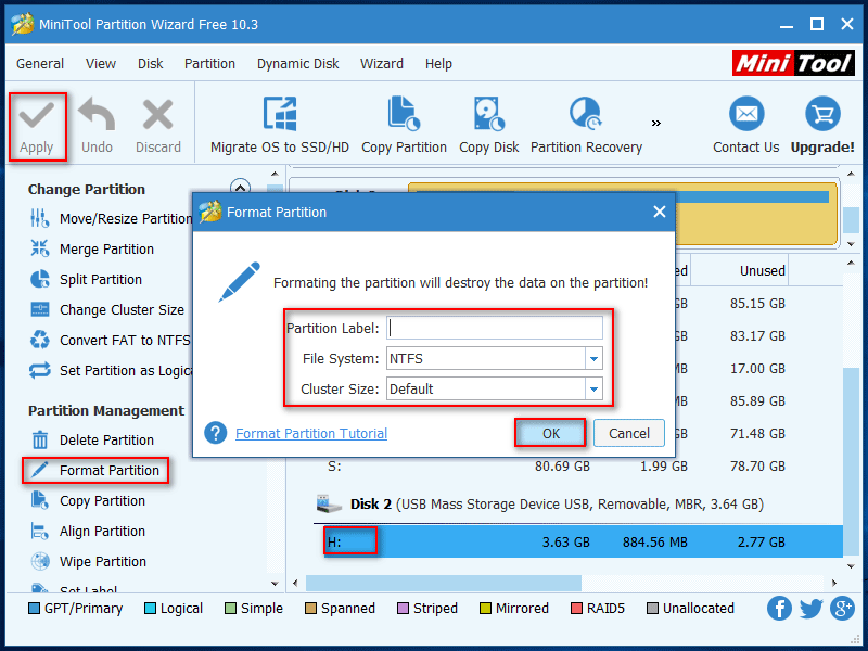 formatage de la carte dans l'assistant de partition