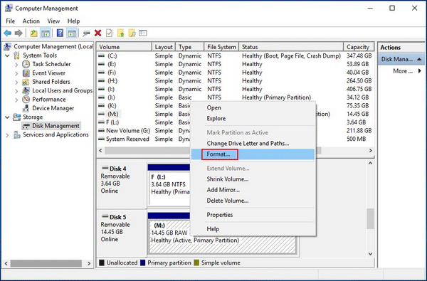 choisissez Format dans Gestion des disques