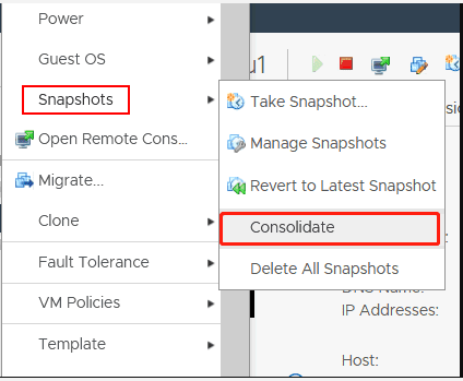 sélectionnez Instantanés et Consolider dans VM