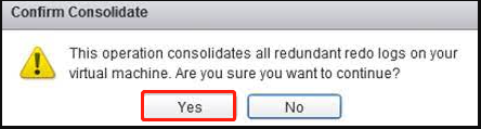 cliquez sur Oui pour confirmer la consolidation du disque VMware
