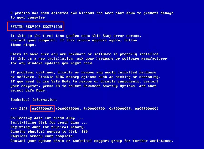 exception de service système de code d'arrêt 0x0000003b