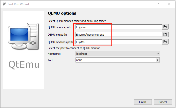 set QEMU options